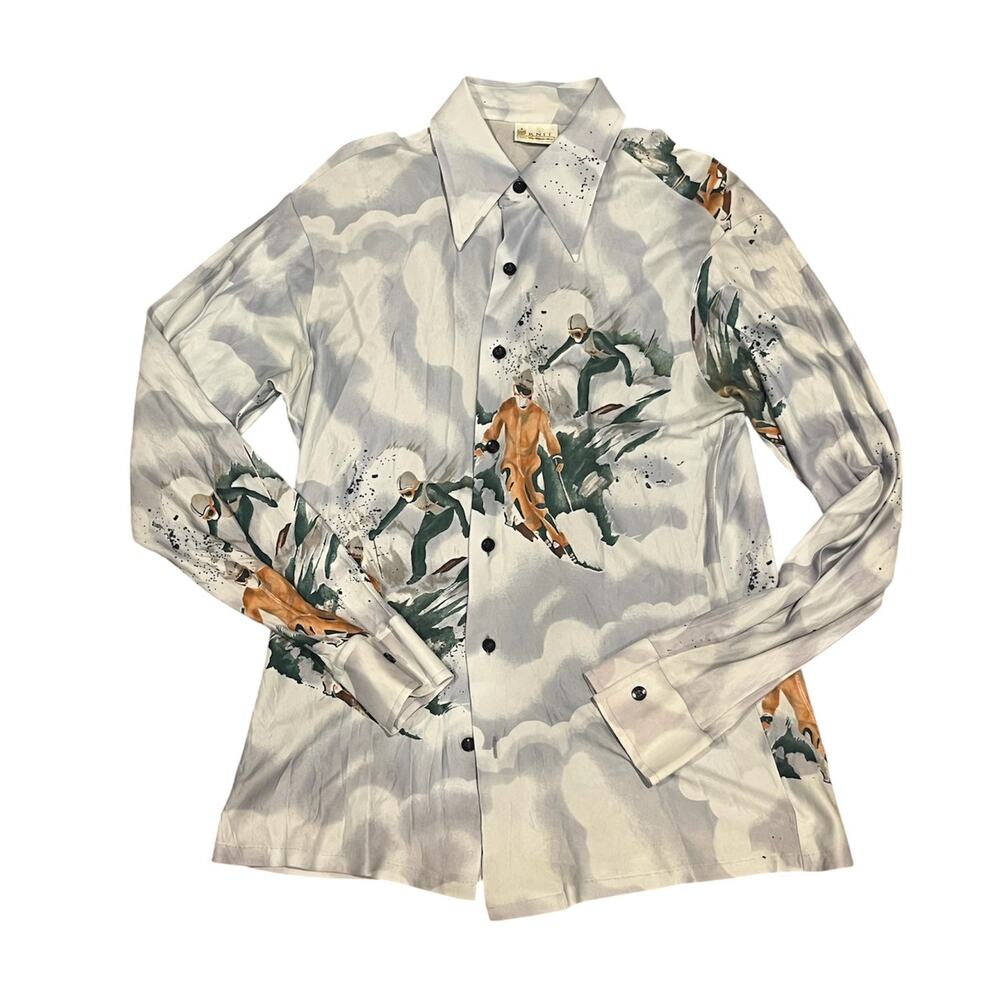 Vintage 70s Sears Kings Road Disco Shirt Ski Novelty Print Dagger Collar Retro